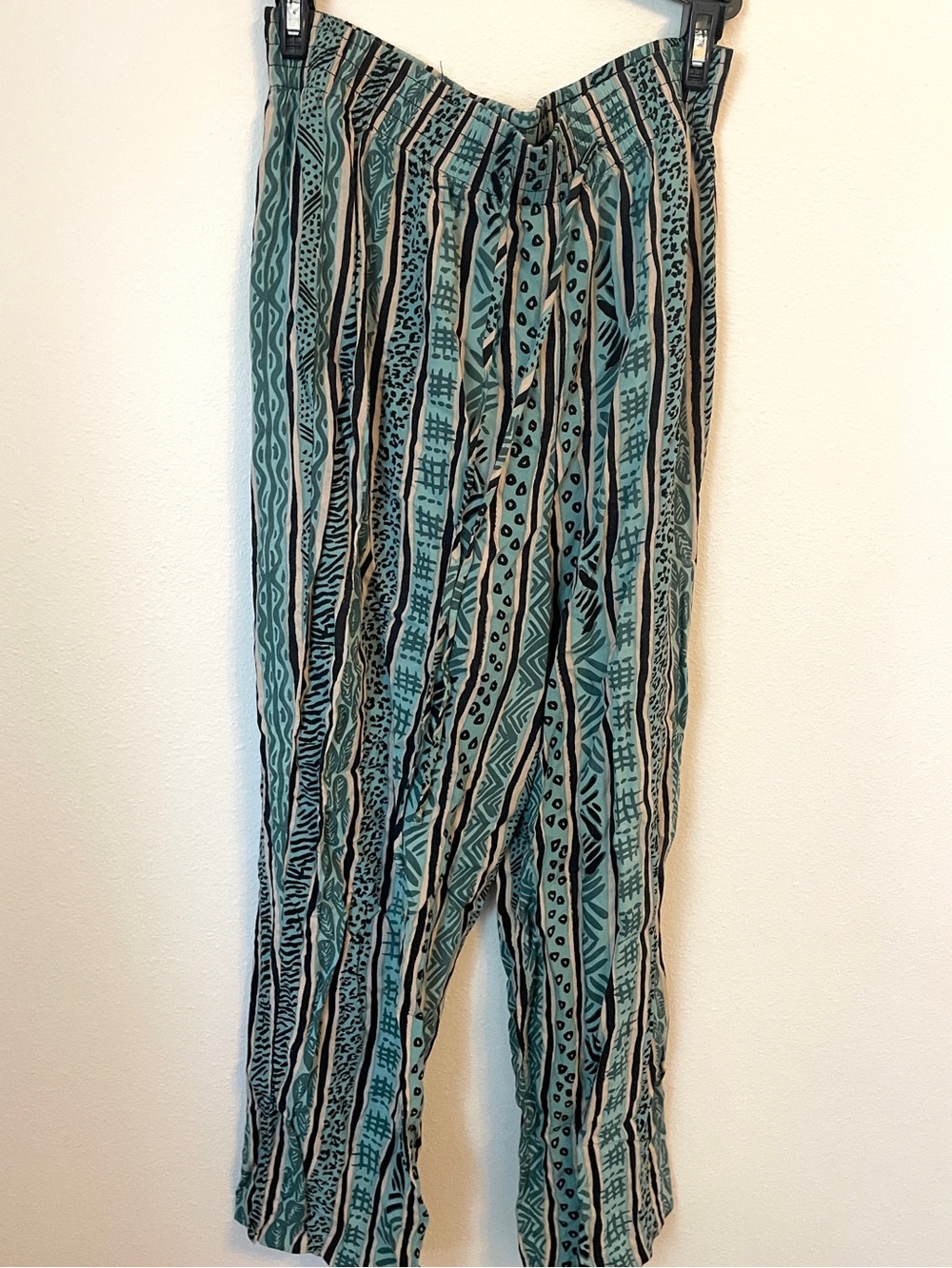 Jaclyn T - Teal Brown Patterned Drawstring Straight Leg Pants Boho - Size M